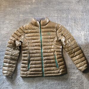 Gold Puffer Jacket with Green Accents